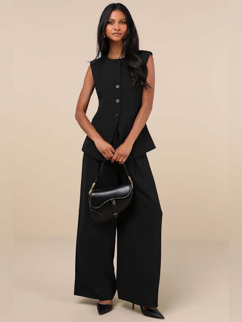 Lulus Black Button Up Longline Vest Top / Tailored Waistcoat Size L